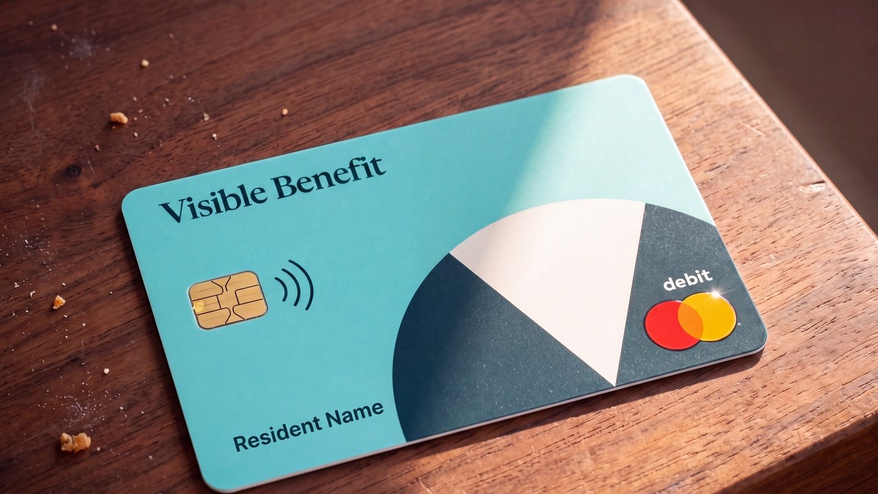 Visible Benefit debit card on a walnut table