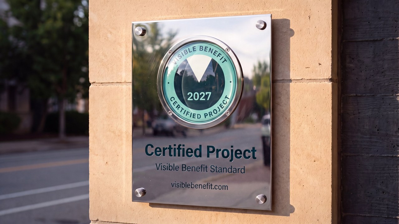 Visible Benefit certified project plaque at a building entrance