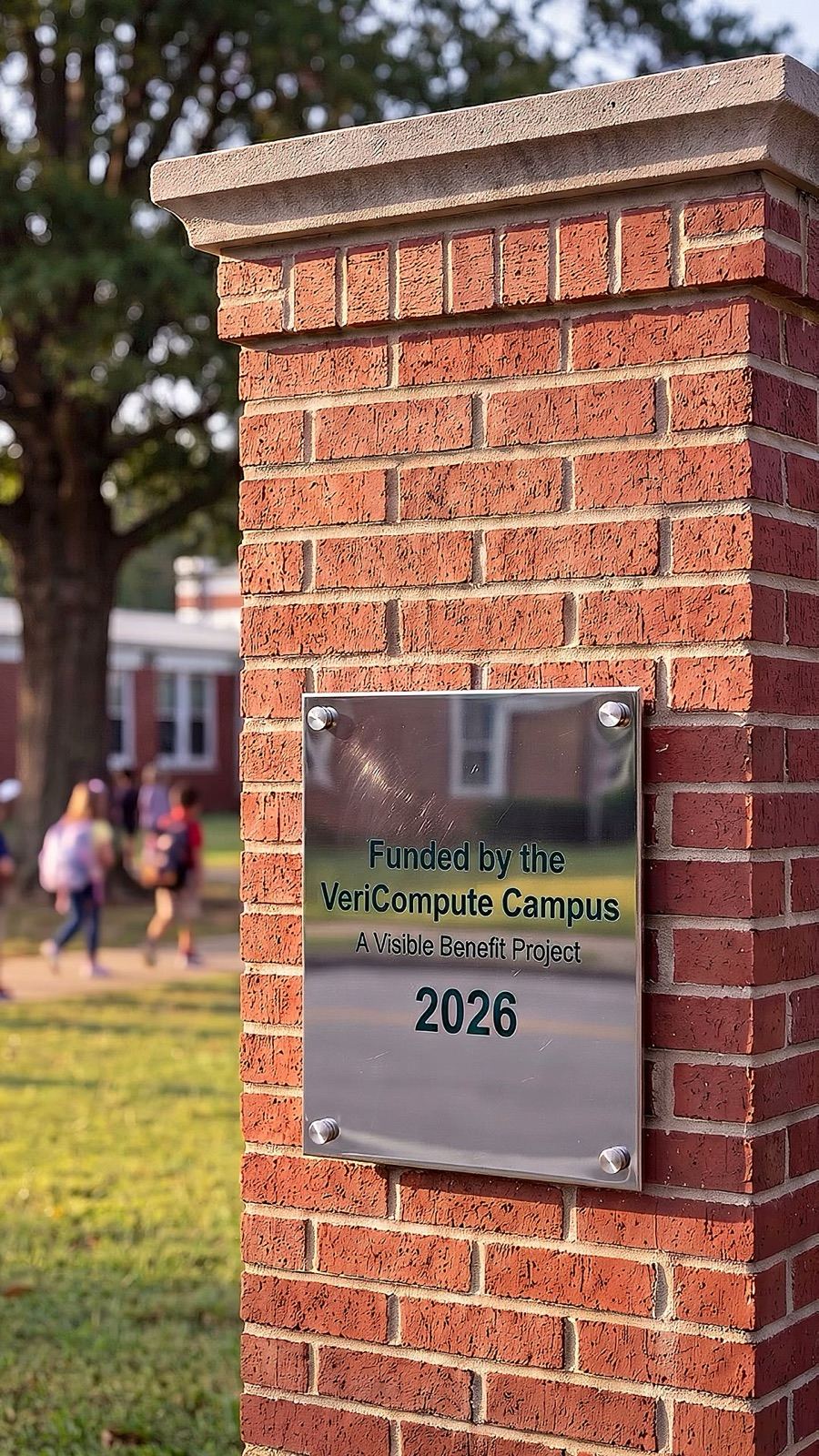 A stainless plaque on a school entrance pillar: Funded by the VeriCompute Campus, a Visible Benefit project, 2026