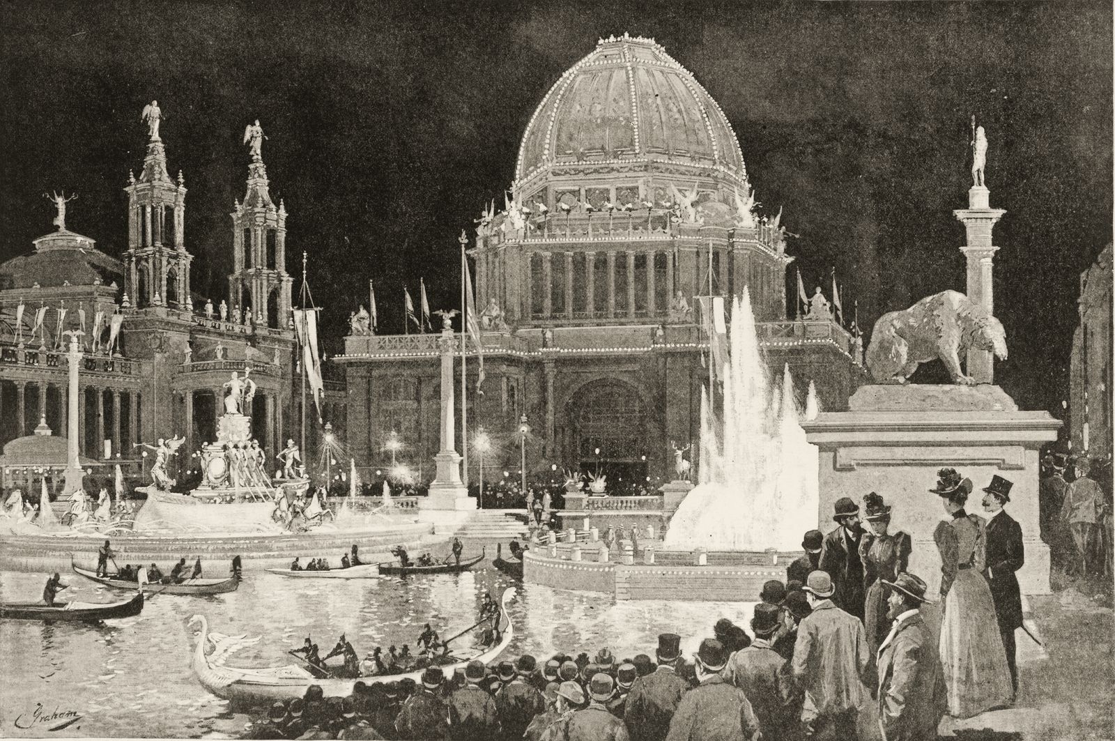 The Grand Court of the 1893 World's Columbian Exposition lit by electric light at night, crowds and boats on the basin