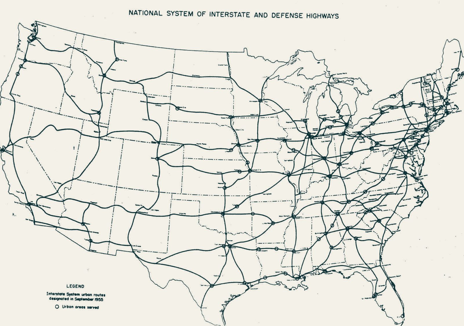 The 1955 federal map of the planned National System of Interstate and Defense Highways