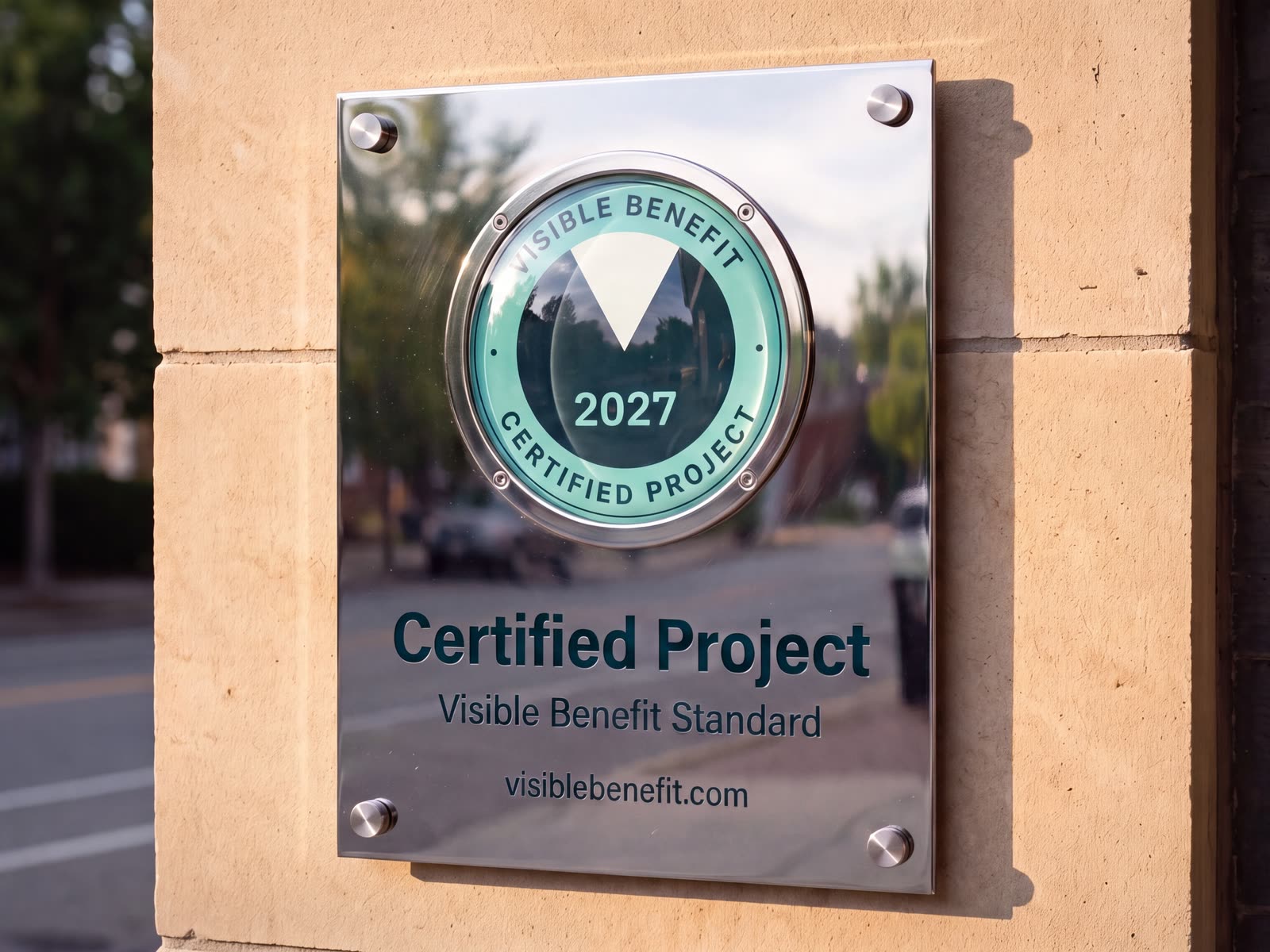 A Visible Benefit Certified Project plaque, the 2027 seal, mounted on a limestone wall beside a street